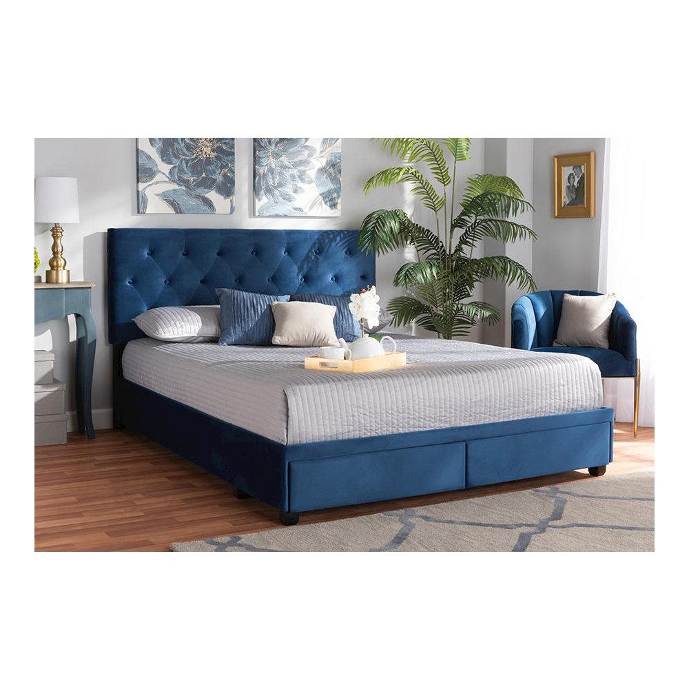 Navy Blue Velvet Fabric Upholstered 2-Drawer Queen Size Platform Storage Bed. Picture 8