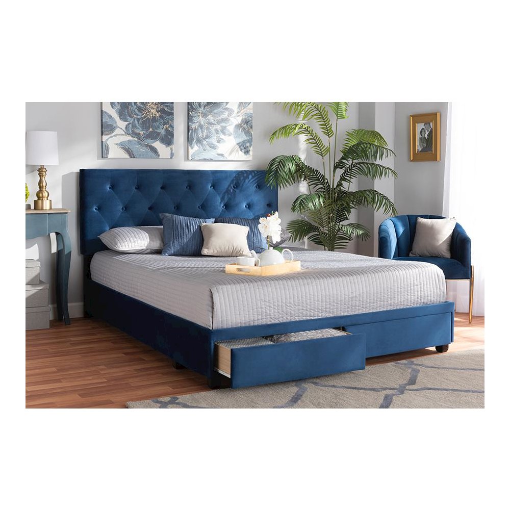 Navy Blue Velvet Fabric Upholstered 2-Drawer Queen Size Platform Storage Bed. Picture 9
