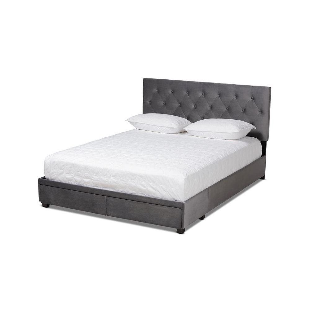 Grey Velvet Fabric Upholstered 2-Drawer Queen Size Platform Storage Bed. Picture 1