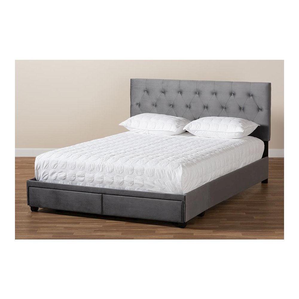 Grey Velvet Fabric Upholstered 2-Drawer Queen Size Platform Storage Bed. Picture 10