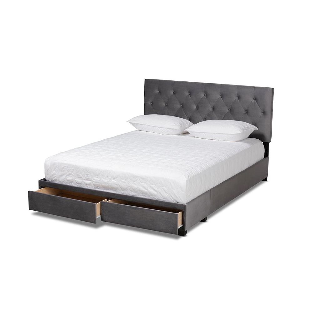 Grey Velvet Fabric Upholstered 2-Drawer Queen Size Platform Storage Bed. Picture 2