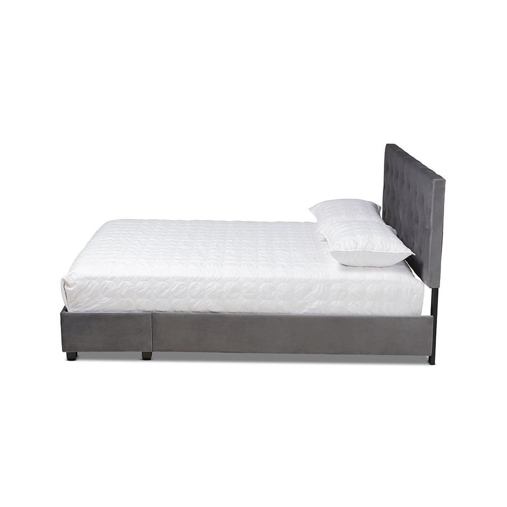 Grey Velvet Fabric Upholstered 2-Drawer Queen Size Platform Storage Bed. Picture 3