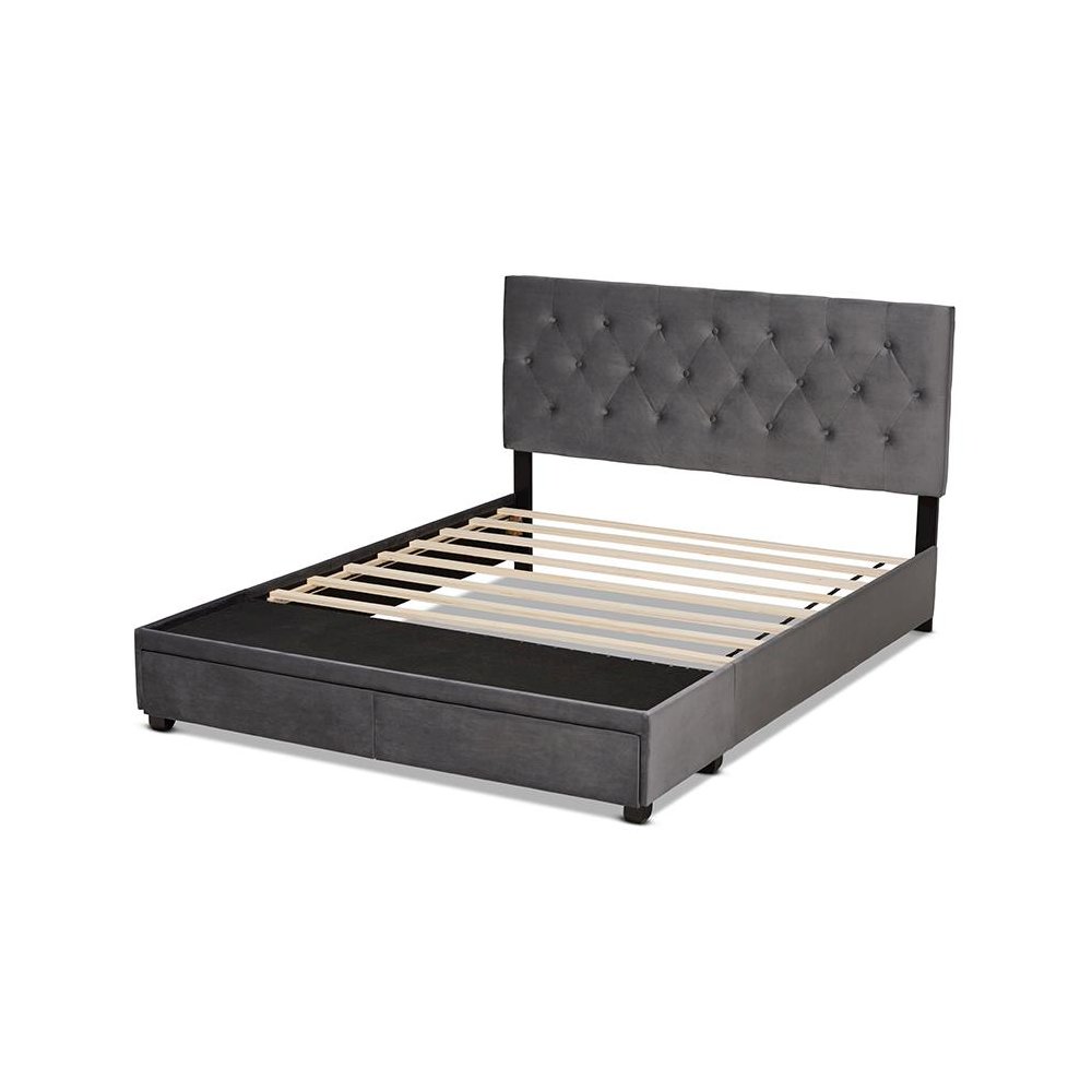 Grey Velvet Fabric Upholstered 2-Drawer Queen Size Platform Storage Bed. Picture 4