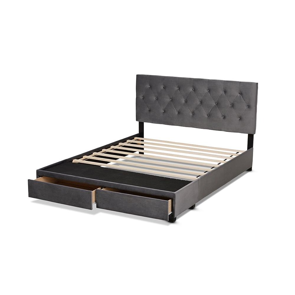 Grey Velvet Fabric Upholstered 2-Drawer Queen Size Platform Storage Bed. Picture 5