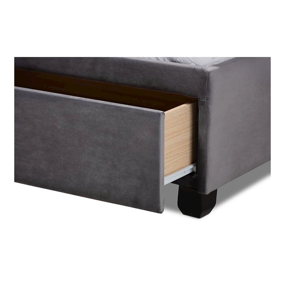 Grey Velvet Fabric Upholstered 2-Drawer Queen Size Platform Storage Bed. Picture 7
