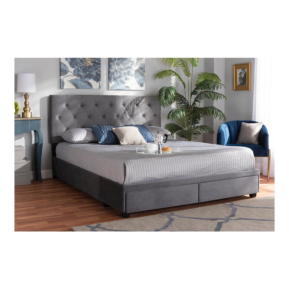 Grey Velvet Fabric Upholstered 2-Drawer Queen Size Platform Storage Bed. Picture 8