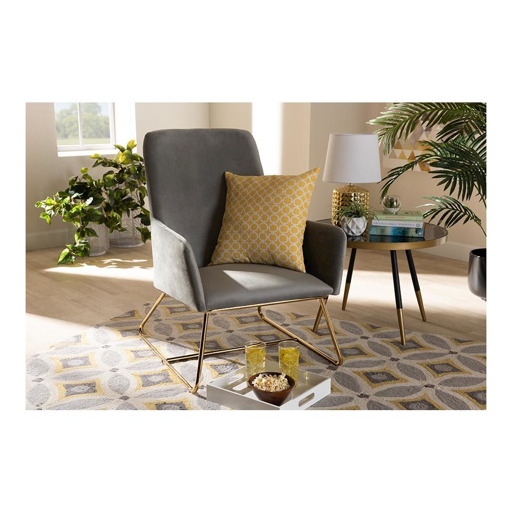 Sennet Glam and Luxe Grey Velvet Fabric Upholstered Gold Finished Armchair. Picture 7