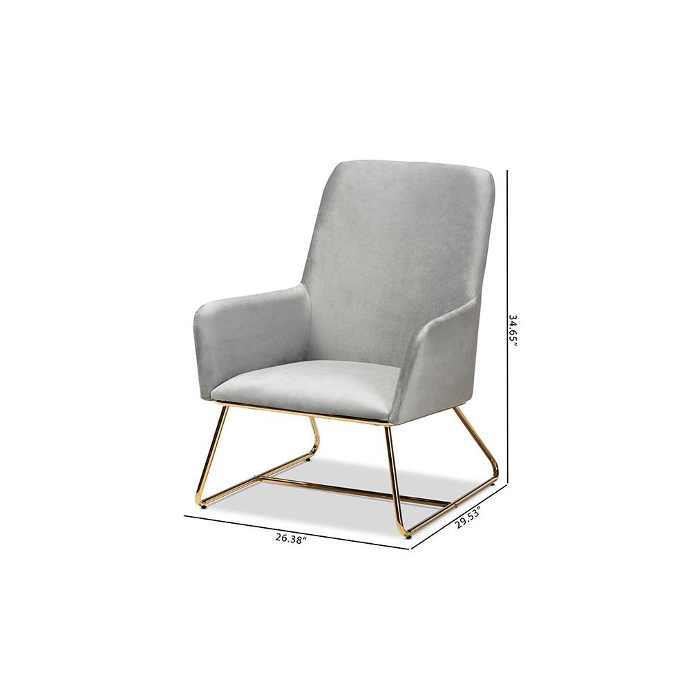 Sennet Glam and Luxe Grey Velvet Fabric Upholstered Gold Finished Armchair. Picture 8