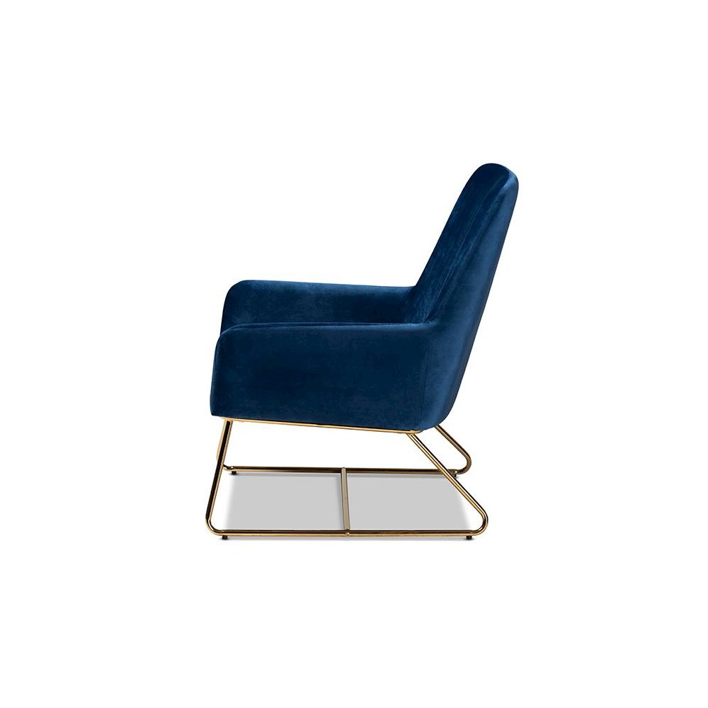 Sennet Glam and Luxe Navy Blue Velvet Fabric Upholstered Gold Finished Armchair. Picture 3