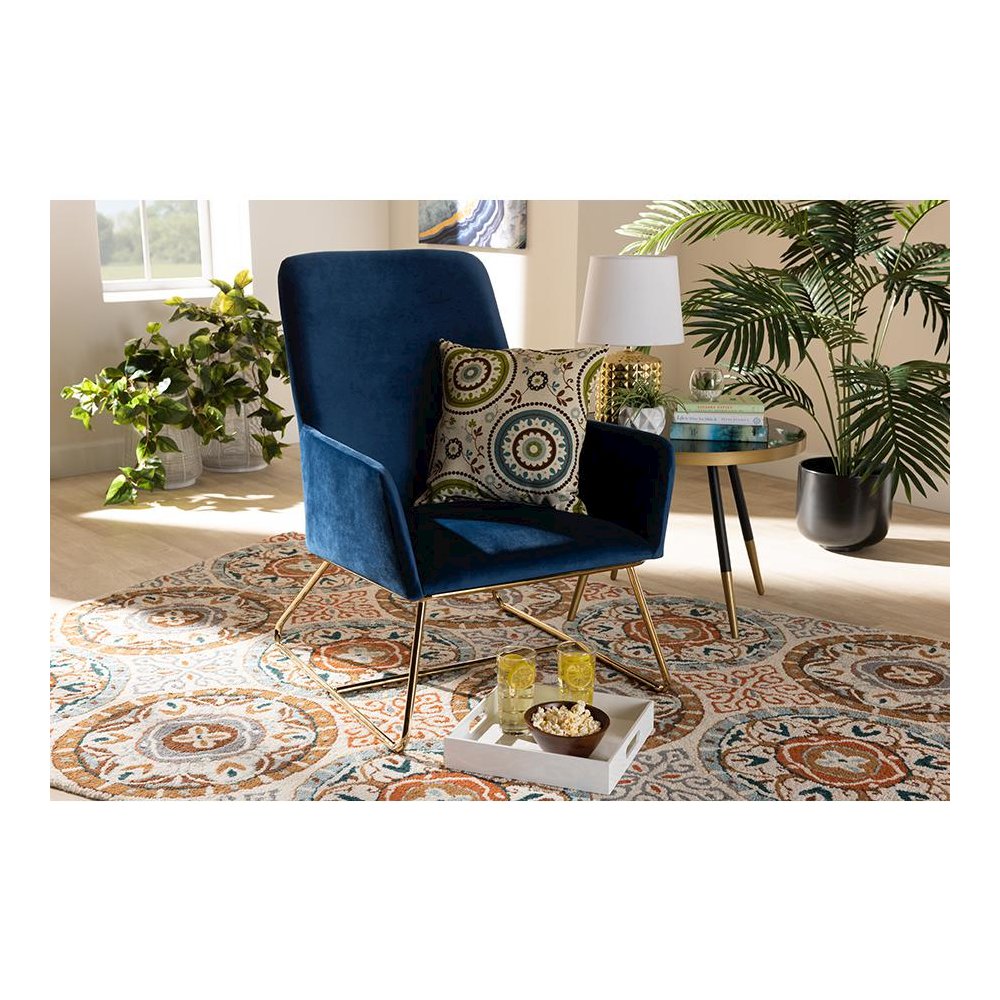 Sennet Glam and Luxe Navy Blue Velvet Fabric Upholstered Gold Finished Armchair. Picture 7