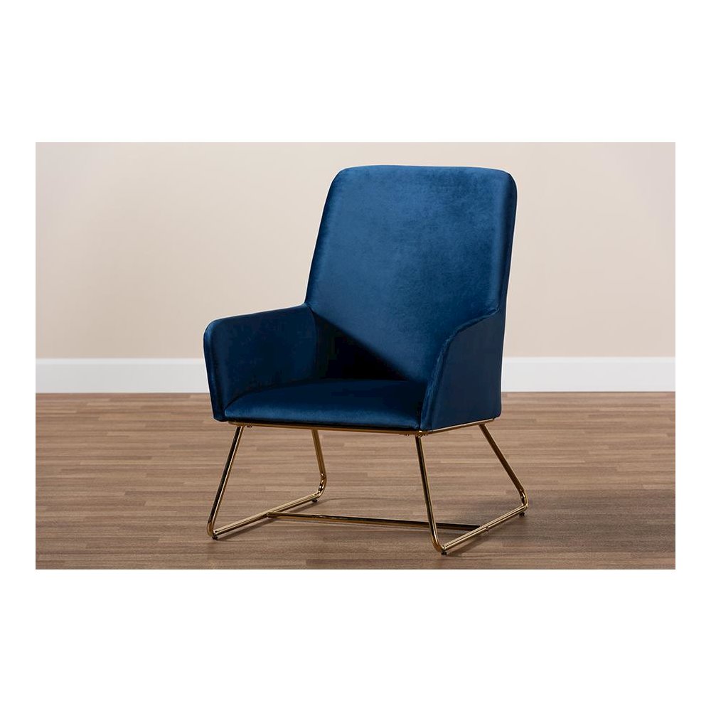 Sennet Glam and Luxe Navy Blue Velvet Fabric Upholstered Gold Finished Armchair. Picture 8