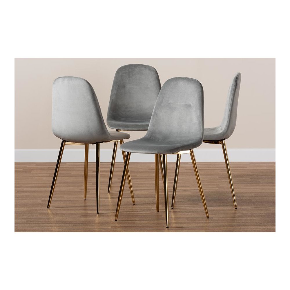 Luxe Grey Velvet Fabric Upholstered Gold Finished 4-Piece Metal Dining Chair Set. Picture 6