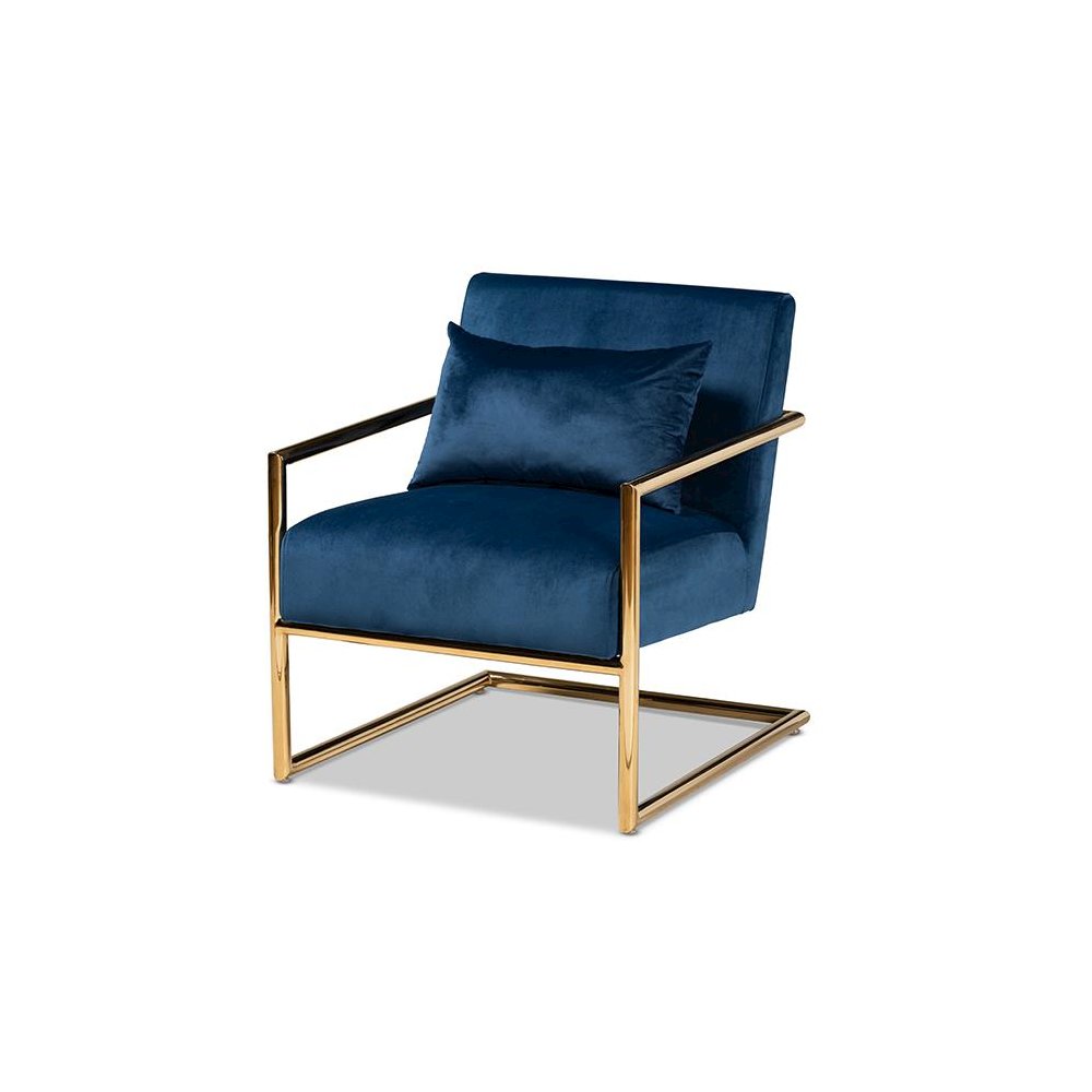 Luxe Navy Blue Velvet Fabric Upholstered Gold Finished Metal Lounge Chair. Picture 1