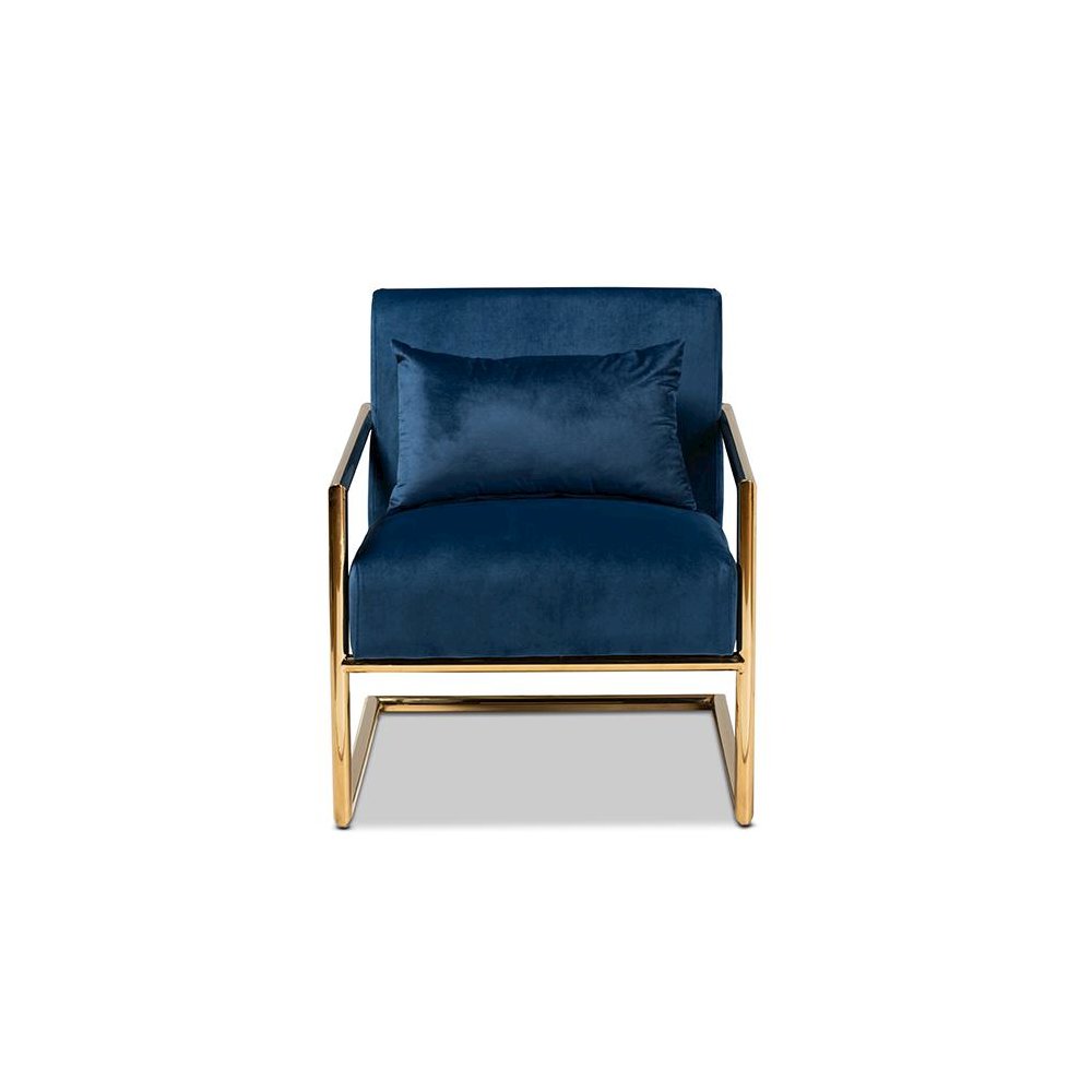 Luxe Navy Blue Velvet Fabric Upholstered Gold Finished Metal Lounge Chair. Picture 2