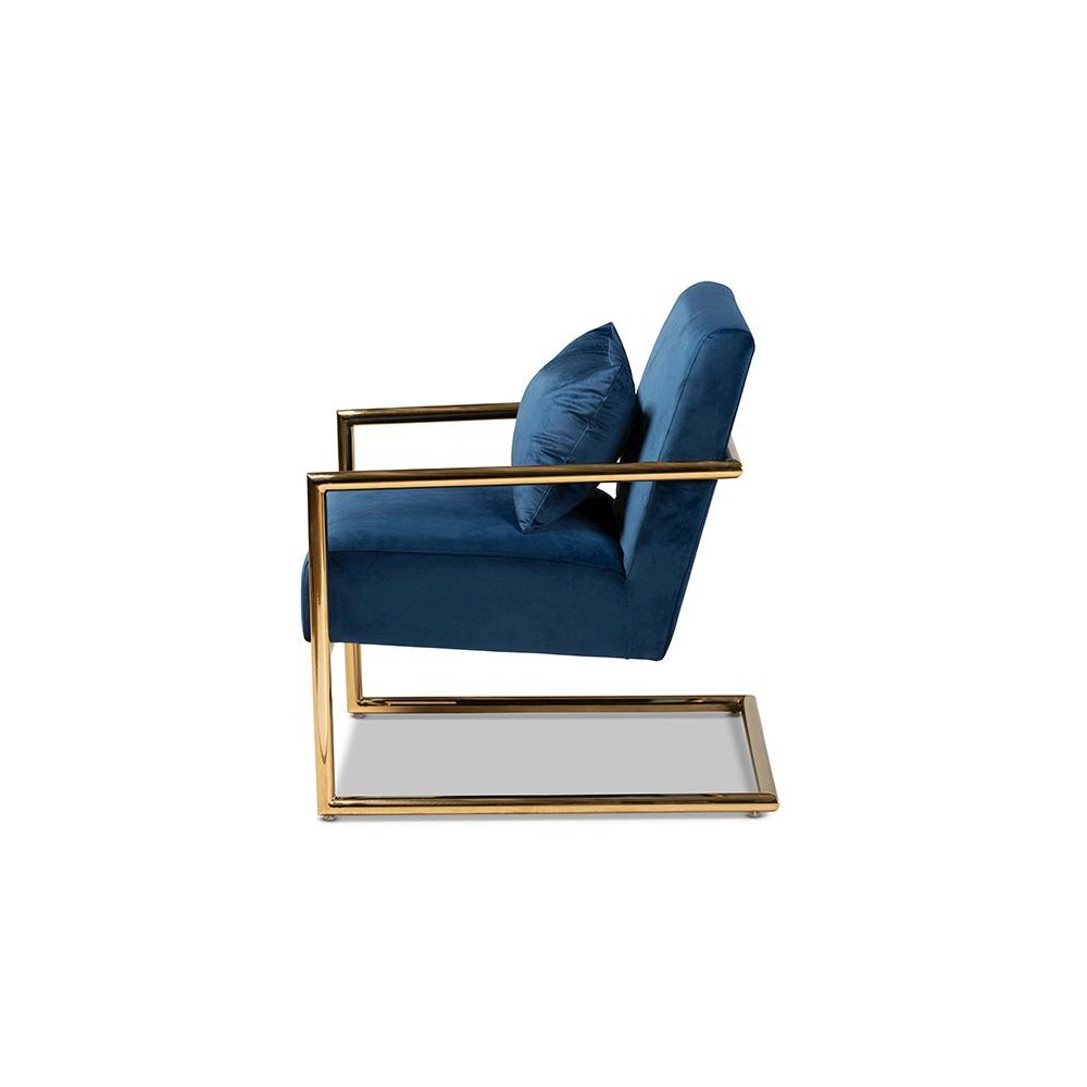 Luxe Navy Blue Velvet Fabric Upholstered Gold Finished Metal Lounge Chair. Picture 3