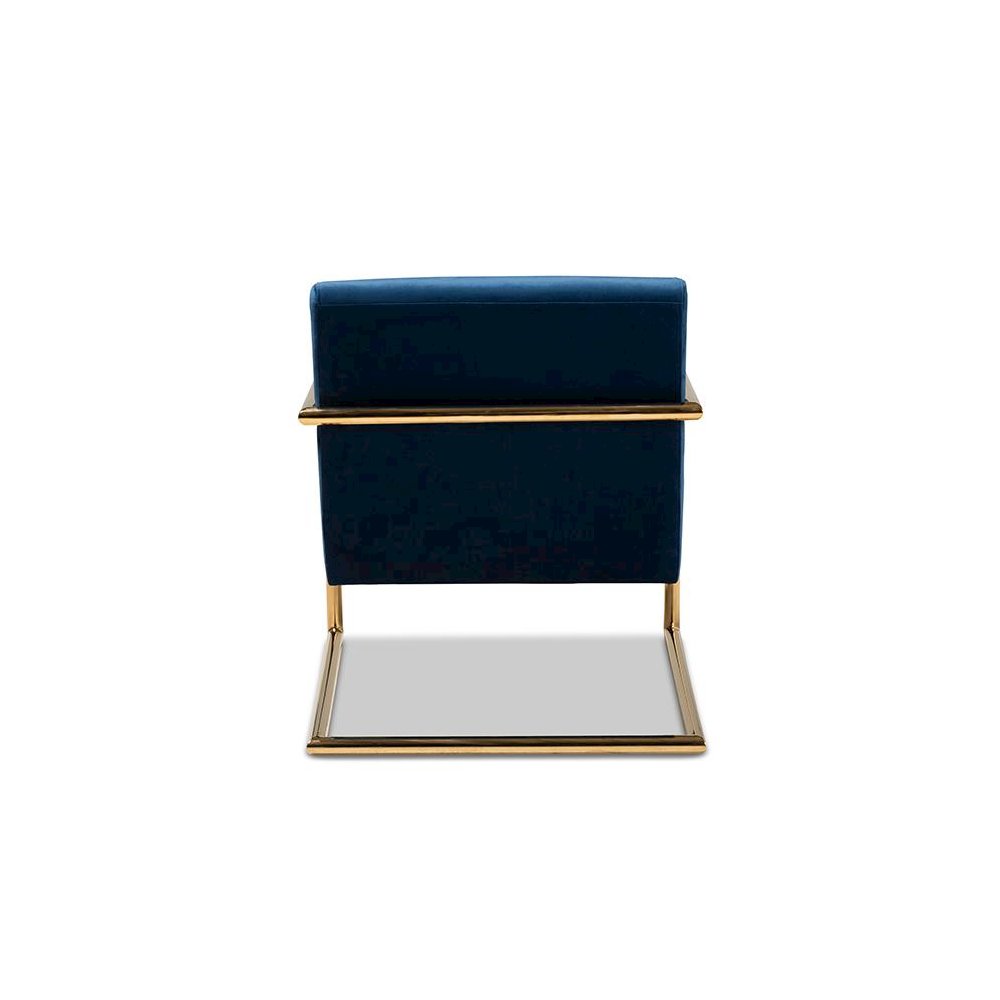 Luxe Navy Blue Velvet Fabric Upholstered Gold Finished Metal Lounge Chair. Picture 4