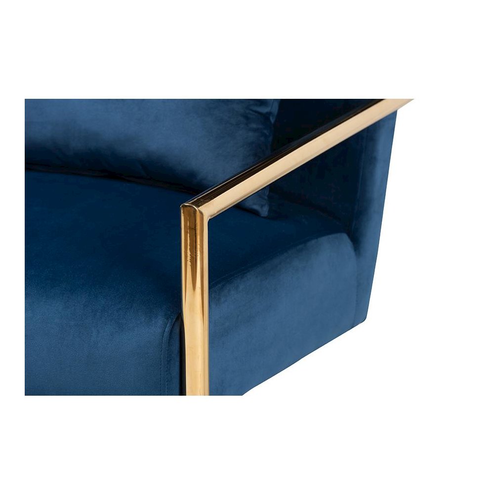 Luxe Navy Blue Velvet Fabric Upholstered Gold Finished Metal Lounge Chair. Picture 5
