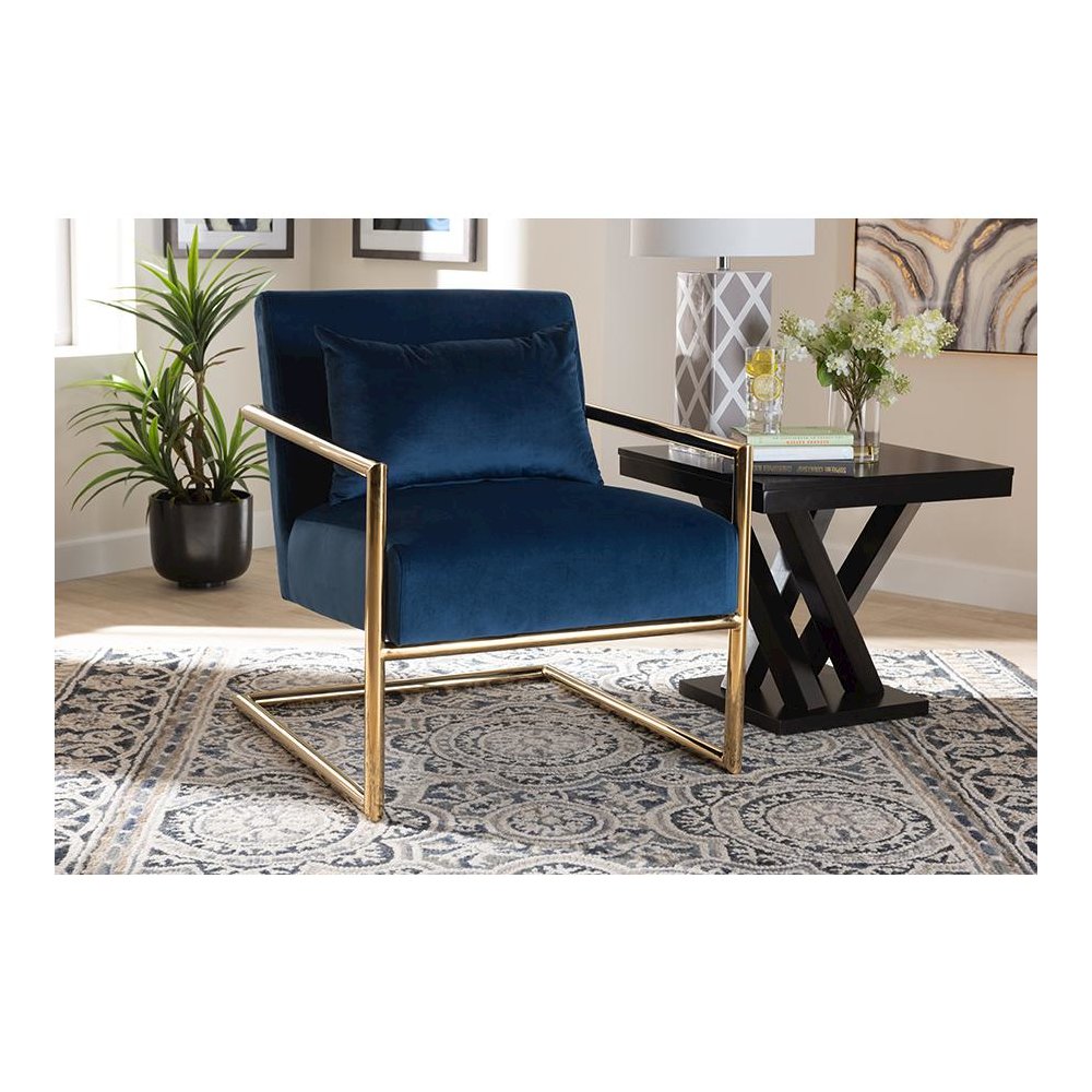 Luxe Navy Blue Velvet Fabric Upholstered Gold Finished Metal Lounge Chair. Picture 6