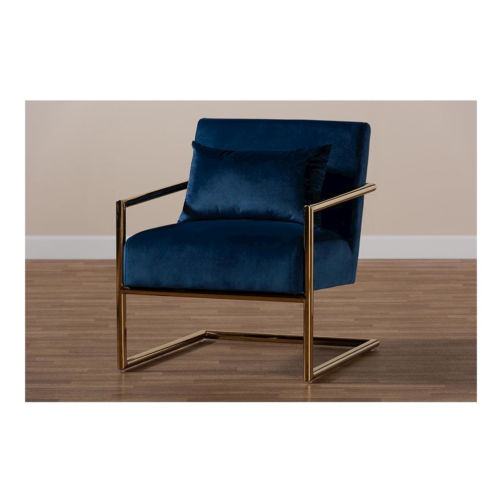 Luxe Navy Blue Velvet Fabric Upholstered Gold Finished Metal Lounge Chair. Picture 7