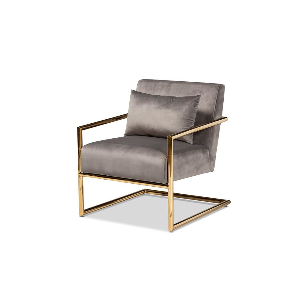 Luxe Grey Velvet Fabric Upholstered Gold Finished Metal Lounge Chair. Picture 1