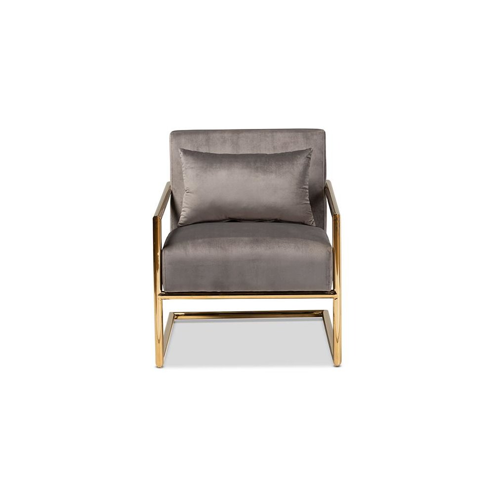 Luxe Grey Velvet Fabric Upholstered Gold Finished Metal Lounge Chair. Picture 2