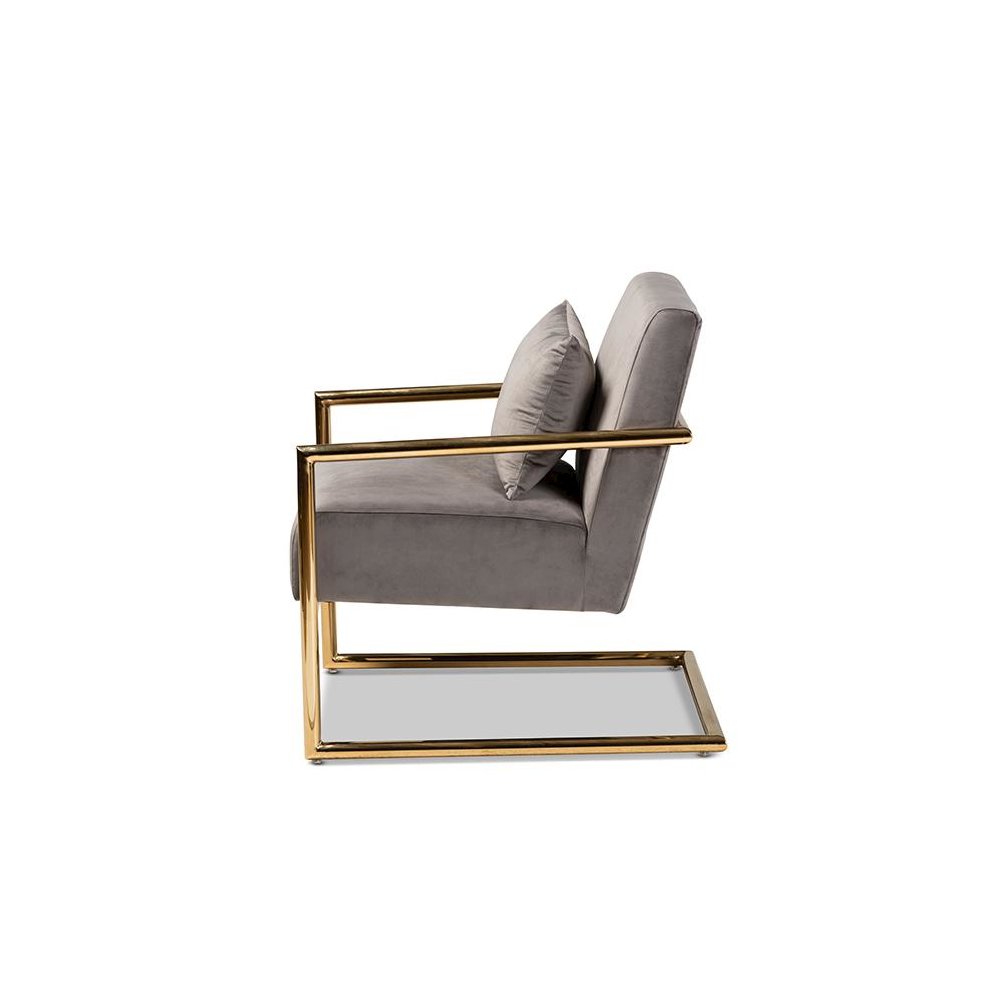 Luxe Grey Velvet Fabric Upholstered Gold Finished Metal Lounge Chair. Picture 3