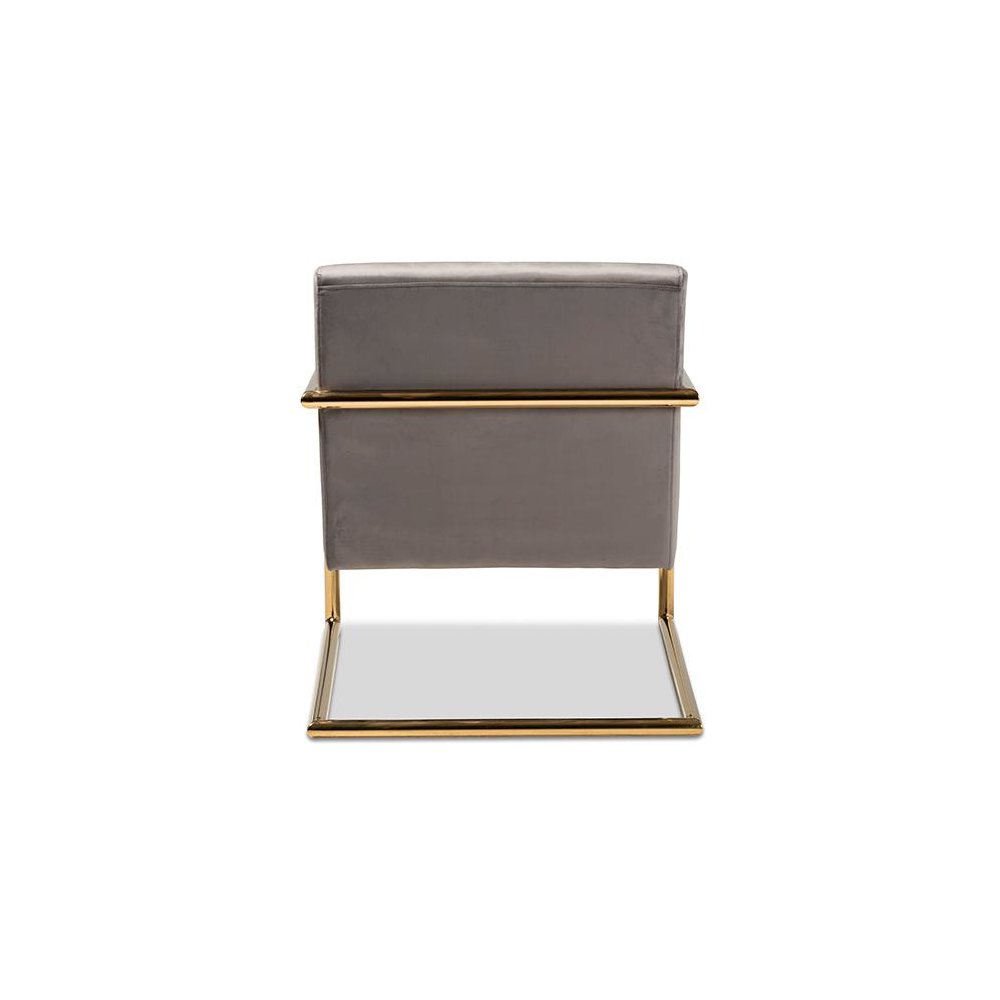 Luxe Grey Velvet Fabric Upholstered Gold Finished Metal Lounge Chair. Picture 4