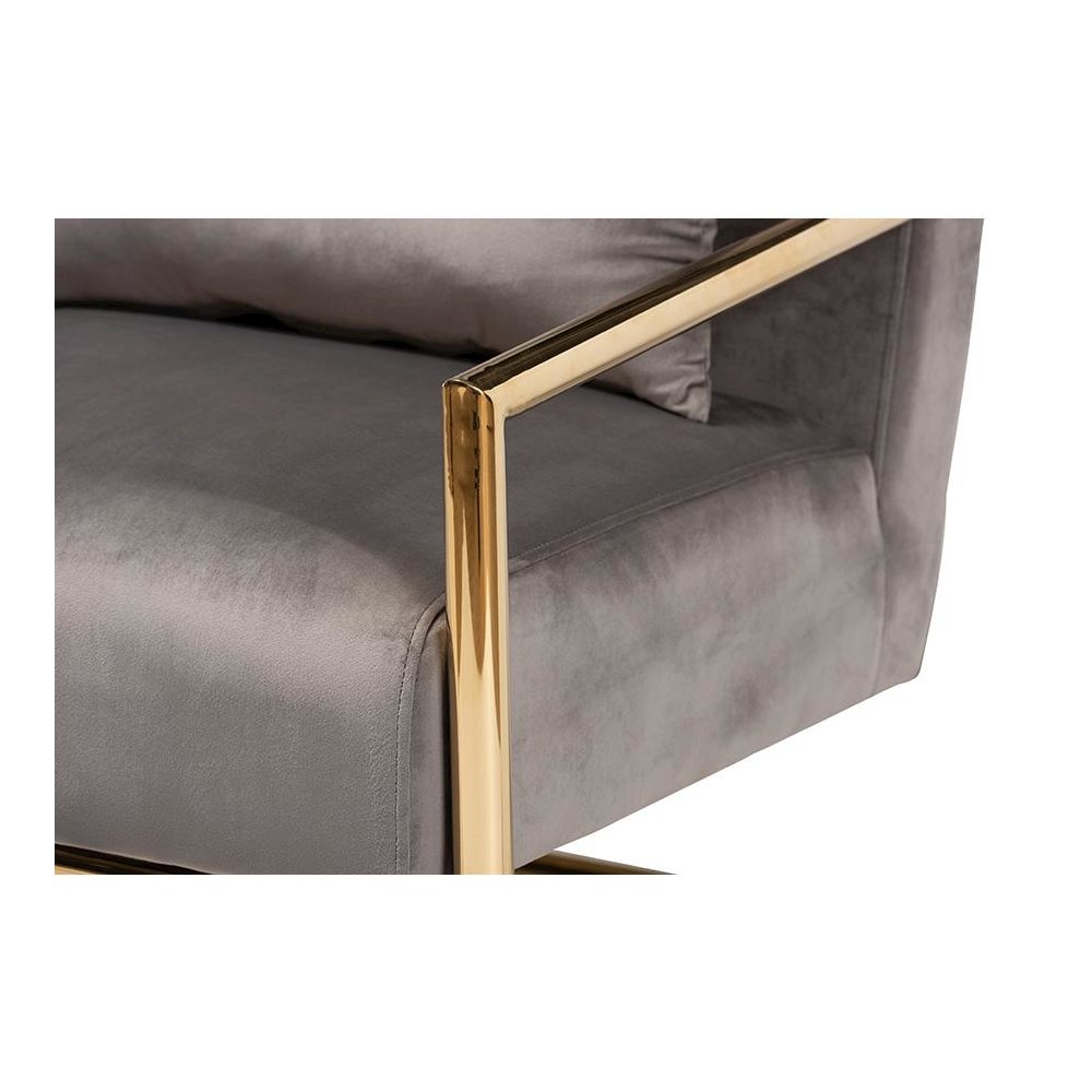 Luxe Grey Velvet Fabric Upholstered Gold Finished Metal Lounge Chair. Picture 5