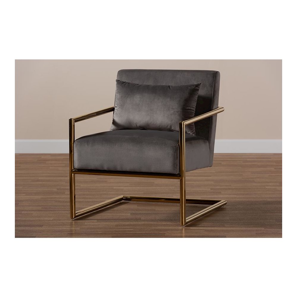 Luxe Grey Velvet Fabric Upholstered Gold Finished Metal Lounge Chair. Picture 7