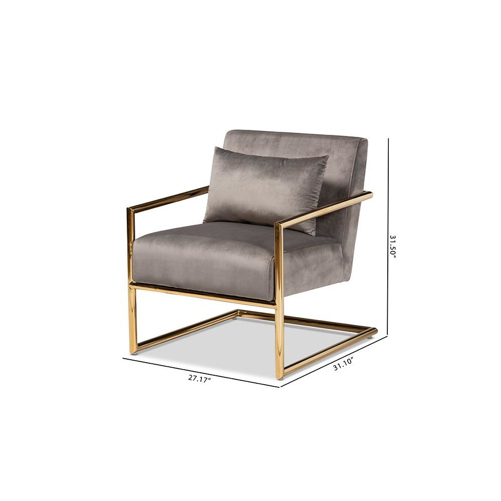 Luxe Grey Velvet Fabric Upholstered Gold Finished Metal Lounge Chair. Picture 8