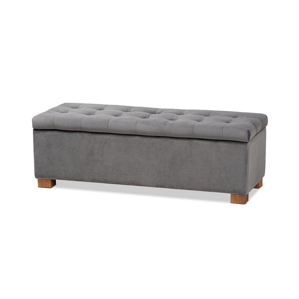 Grey Velvet Fabric Upholstered Grid-Tufted Storage Ottoman Bench. Picture 1