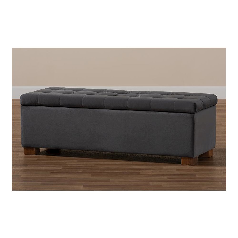 Grey Velvet Fabric Upholstered Grid-Tufted Storage Ottoman Bench. Picture 10