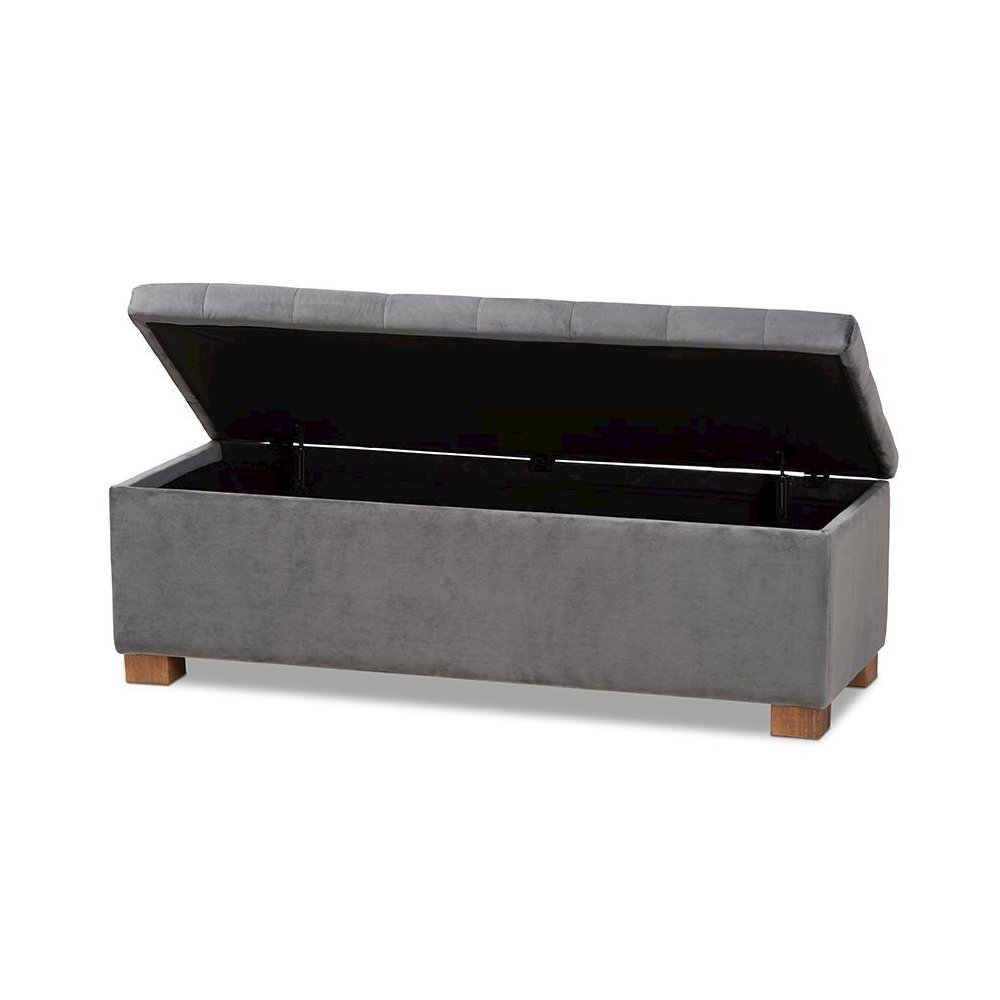 Grey Velvet Fabric Upholstered Grid-Tufted Storage Ottoman Bench. Picture 2
