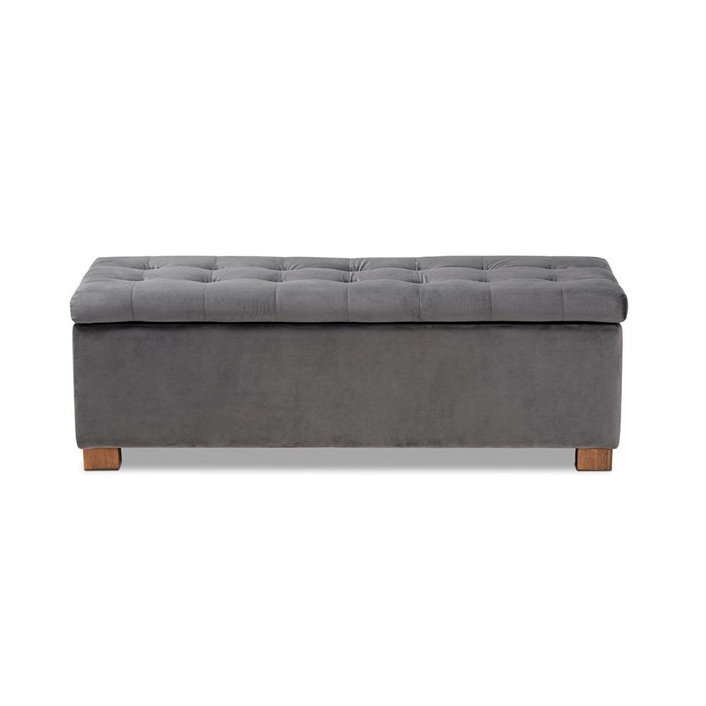 Grey Velvet Fabric Upholstered Grid-Tufted Storage Ottoman Bench. Picture 3