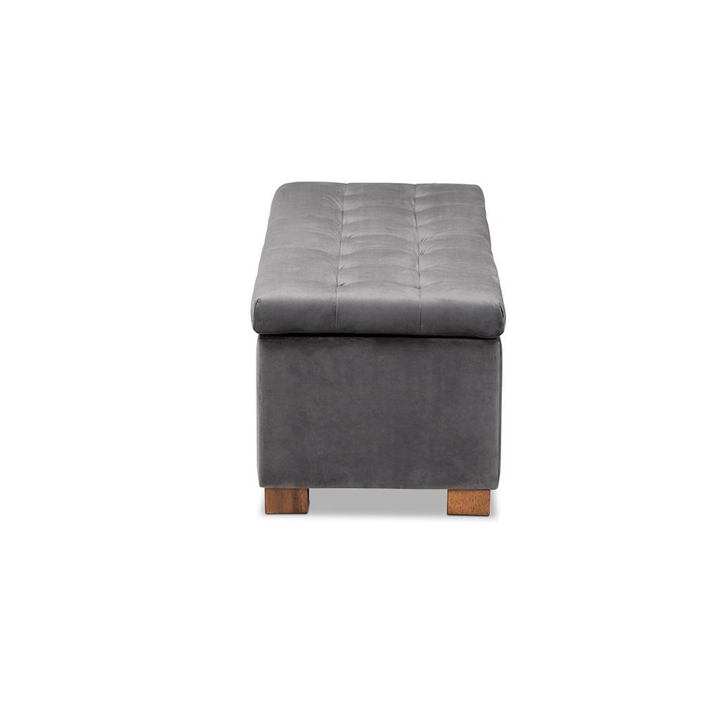 Grey Velvet Fabric Upholstered Grid-Tufted Storage Ottoman Bench. Picture 4