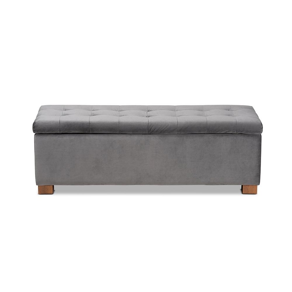 Grey Velvet Fabric Upholstered Grid-Tufted Storage Ottoman Bench. Picture 5