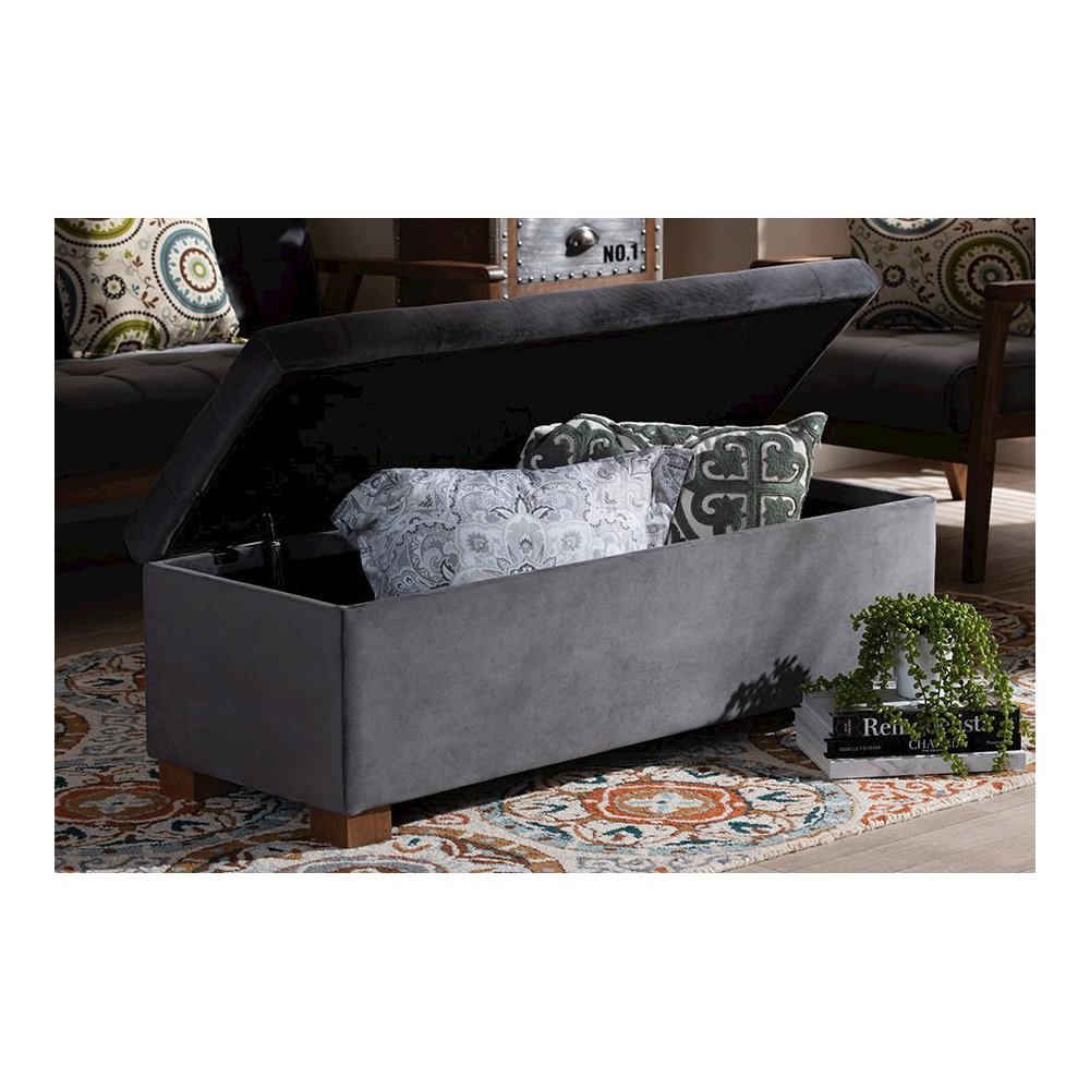 Grey Velvet Fabric Upholstered Grid-Tufted Storage Ottoman Bench. Picture 9