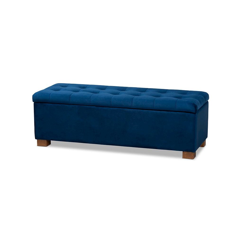 Navy Blue Velvet Fabric Upholstered Grid-Tufted Storage Ottoman Bench. Picture 1