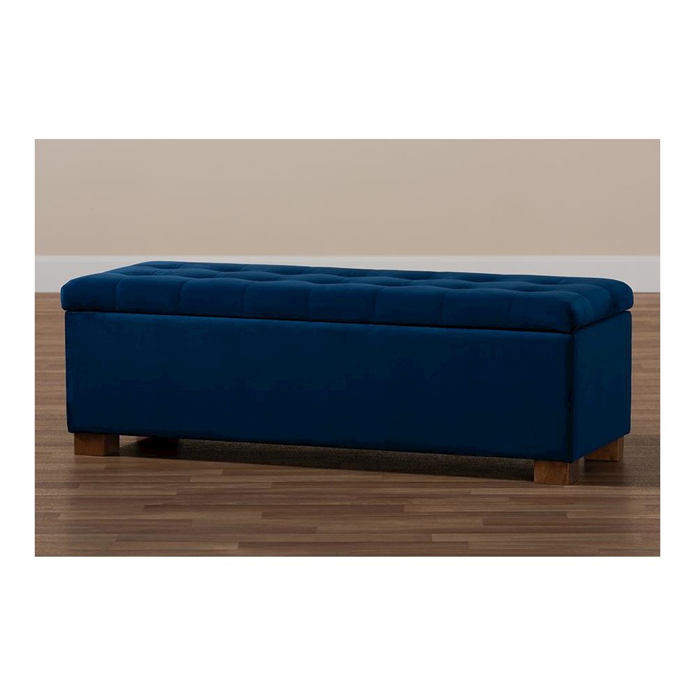 Navy Blue Velvet Fabric Upholstered Grid-Tufted Storage Ottoman Bench. Picture 10