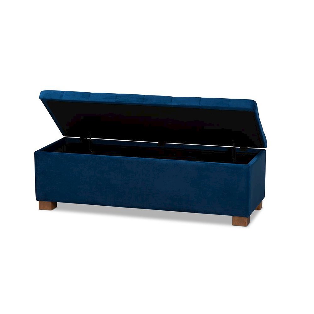 Navy Blue Velvet Fabric Upholstered Grid-Tufted Storage Ottoman Bench. Picture 2