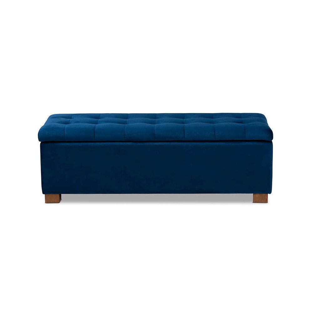 Navy Blue Velvet Fabric Upholstered Grid-Tufted Storage Ottoman Bench. Picture 3