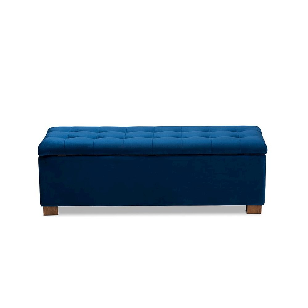 Navy Blue Velvet Fabric Upholstered Grid-Tufted Storage Ottoman Bench. Picture 5