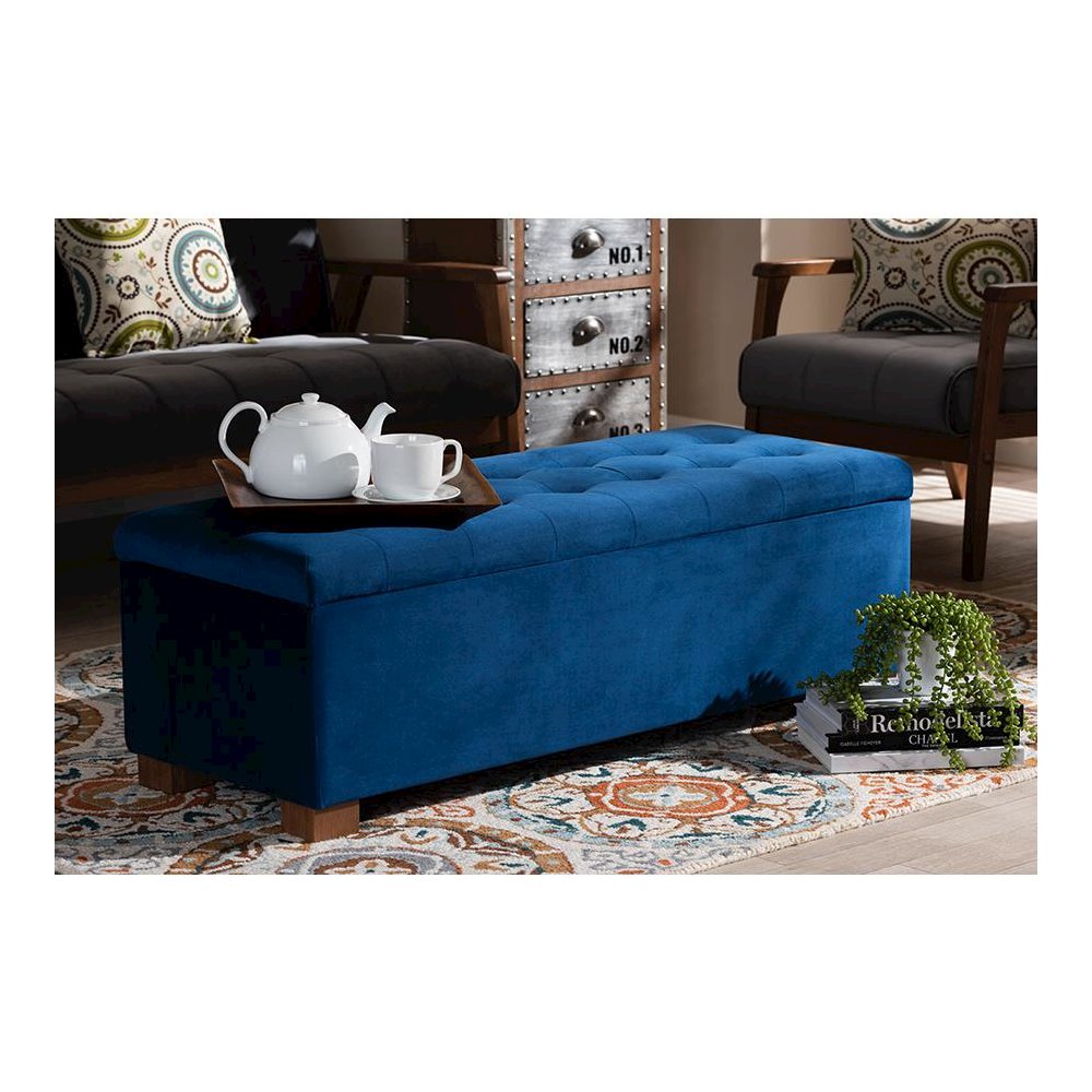 Navy Blue Velvet Fabric Upholstered Grid-Tufted Storage Ottoman Bench. Picture 8