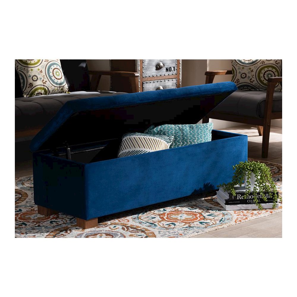 Navy Blue Velvet Fabric Upholstered Grid-Tufted Storage Ottoman Bench. Picture 9