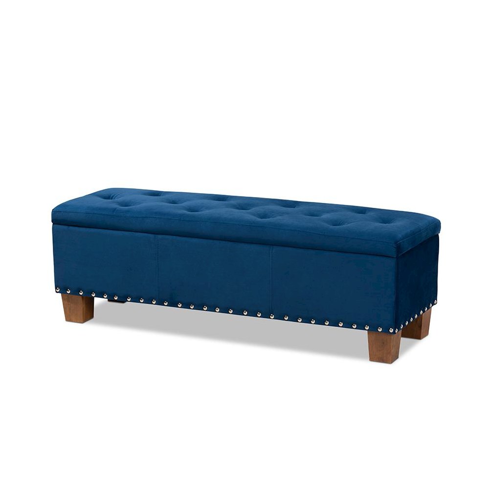 Navy Blue Velvet Fabric Upholstered Button-Tufted Storage Ottoman Bench. Picture 1