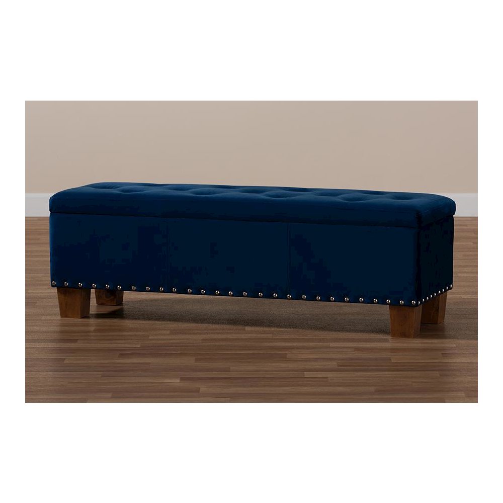 Navy Blue Velvet Fabric Upholstered Button-Tufted Storage Ottoman Bench. Picture 10