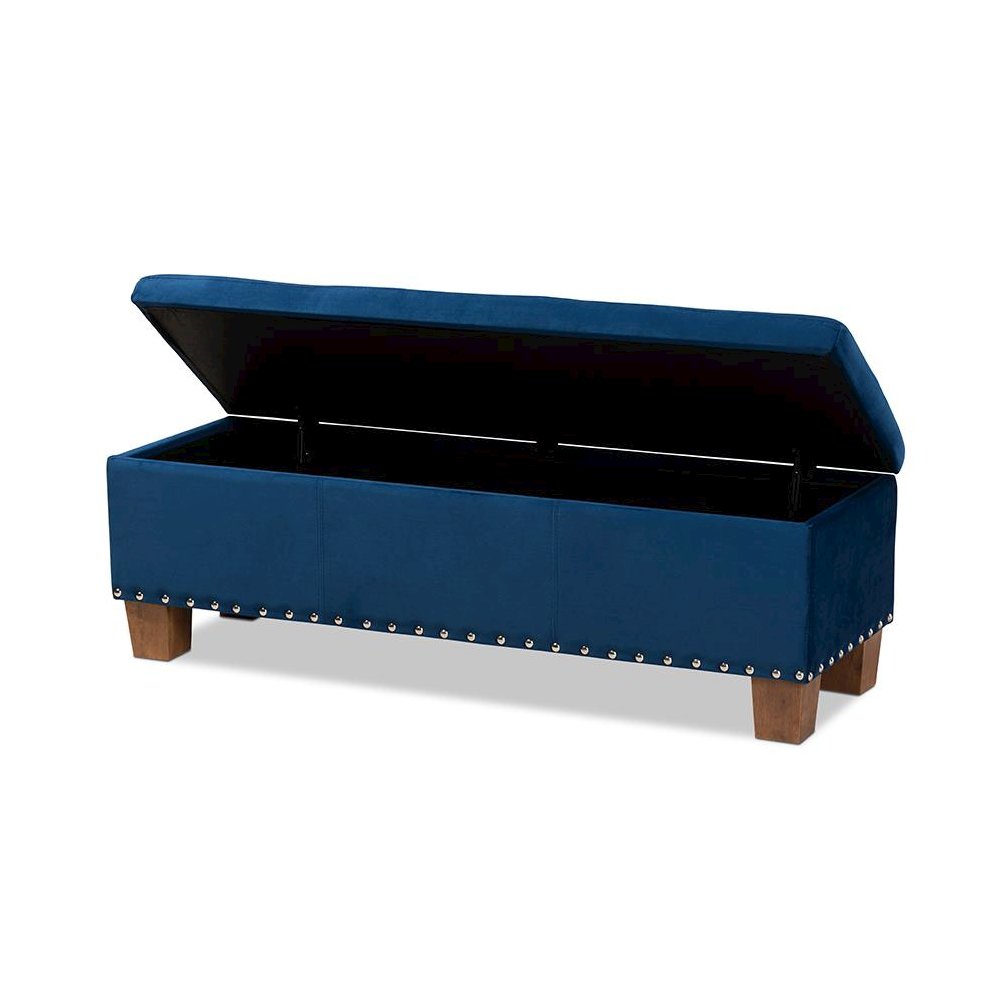 Navy Blue Velvet Fabric Upholstered Button-Tufted Storage Ottoman Bench. Picture 2