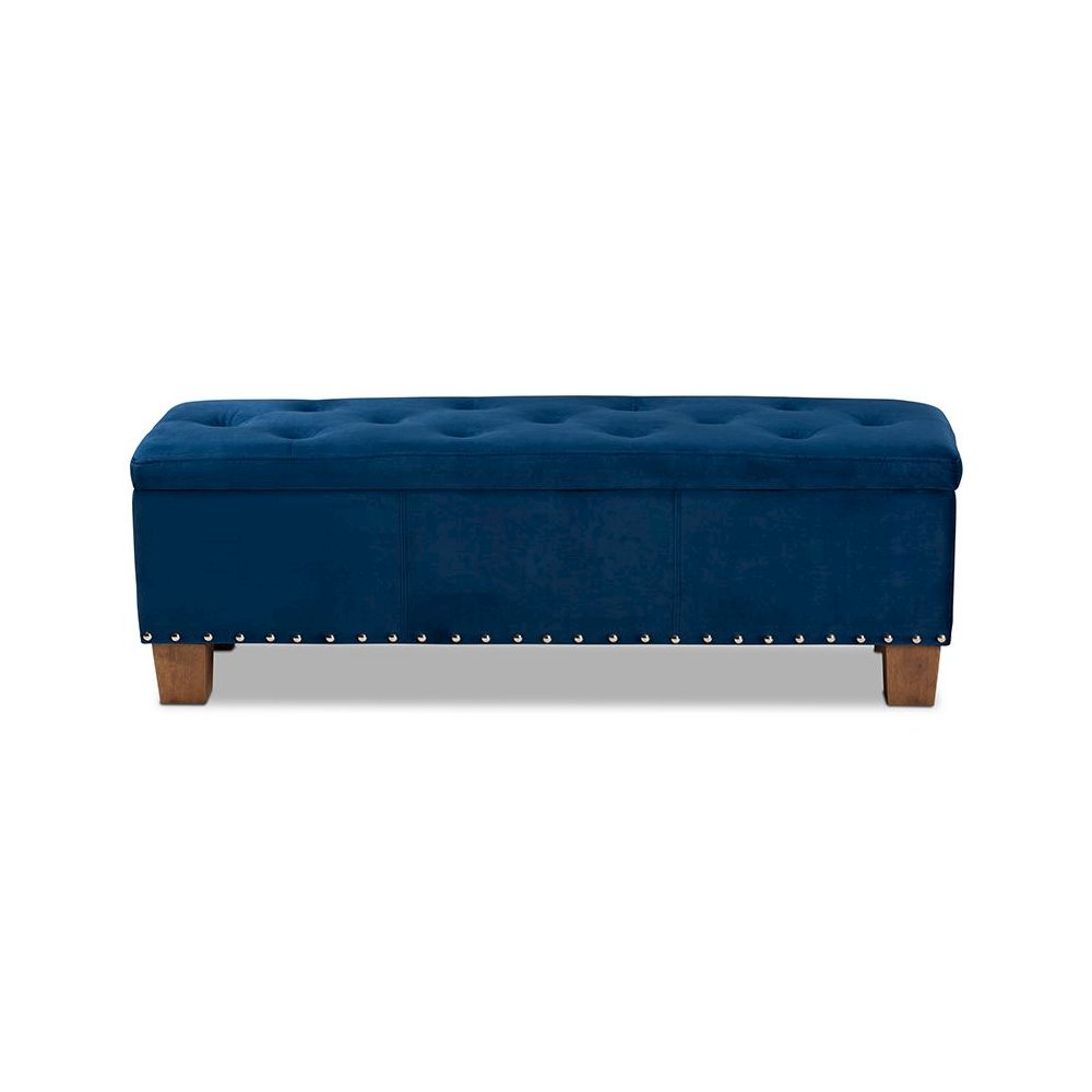 Navy Blue Velvet Fabric Upholstered Button-Tufted Storage Ottoman Bench. Picture 3