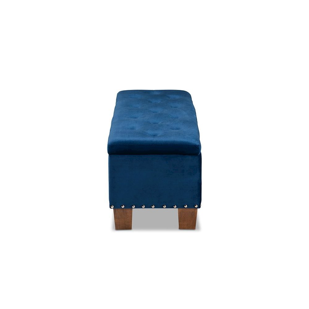 Navy Blue Velvet Fabric Upholstered Button-Tufted Storage Ottoman Bench. Picture 4