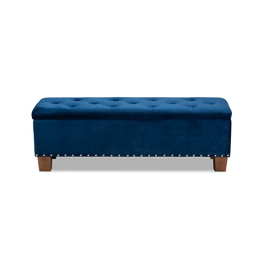 Navy Blue Velvet Fabric Upholstered Button-Tufted Storage Ottoman Bench. Picture 5